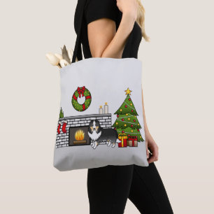 Tricolor Shetland Sheepdog Dog In A Christmas Room Tote Bag