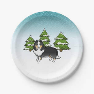 Tricolor Shetland Sheepdog In A Winter Forest Paper Plate