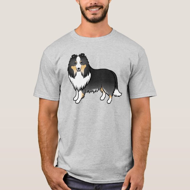 Tricolor Shetland Sheepdog Sheltie Cartoon Dog T-Shirt (Front)