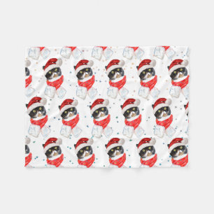 Tricolored Cat Christmas Watercolor with Scarf Fleece Blanket