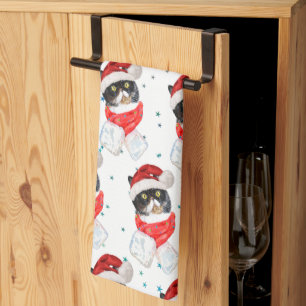 Tricolored Cat Christmas Watercolor with Scarf Kitchen Towel