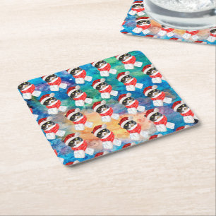 Tricolored Cat Funny Christmas Holidays Square Paper Coaster
