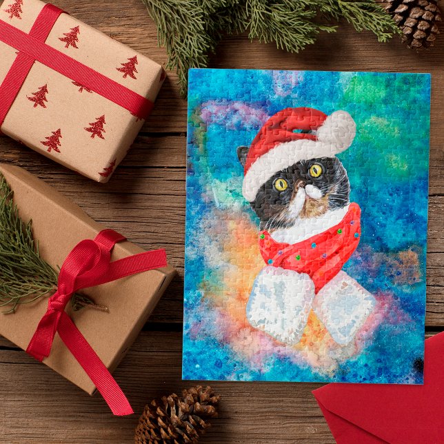 Tricolored Cat Watercolor Holiday Christmas Presen Jigsaw Puzzle (Creator Uploaded)
