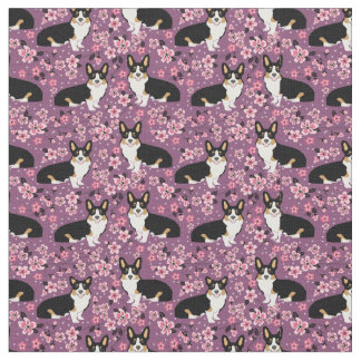 Tricolored Corgi Cherry Blossom fabric - purple