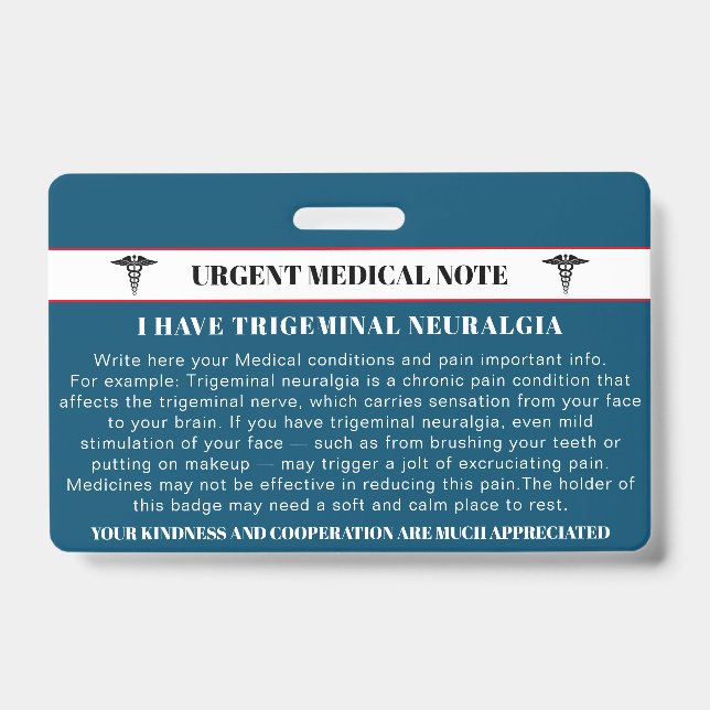 Trigeminal Neuralgia Emergency Medical Card Badge (Front)
