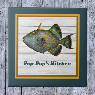 Triggerfish in Deep Teal Gold and Orange with Name Tile