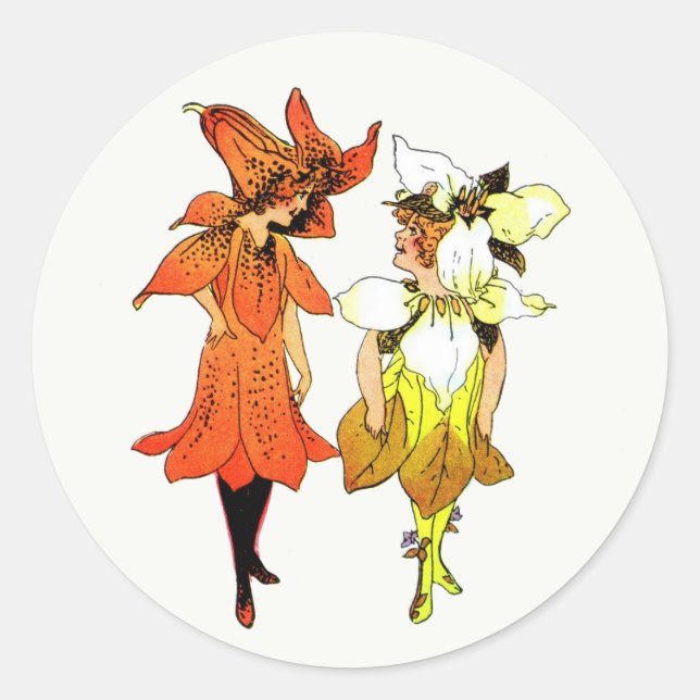Trillium and Tiger-Lily, Whimsical Flower Book Art Classic Round Sticker (Front)