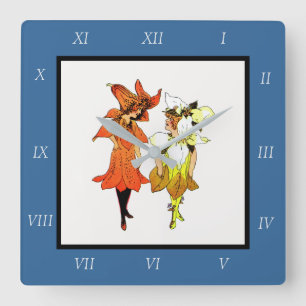 Trillium and Tiger-Lily, Whimsical Flower Book Art Square Wall Clock