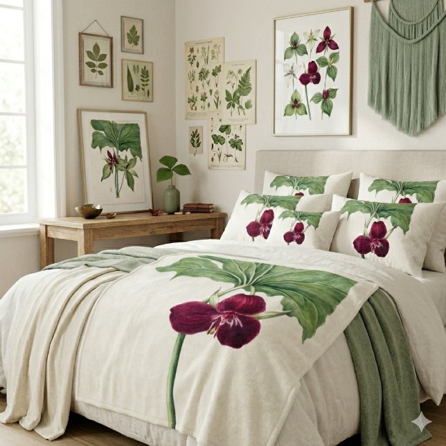 Trillium Botanical Fleece Blanket (Sweet Trillium: Vintage Botanical Home Decor)