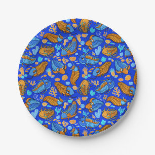 Trilobites on dark blue background (kids pattern) paper plate