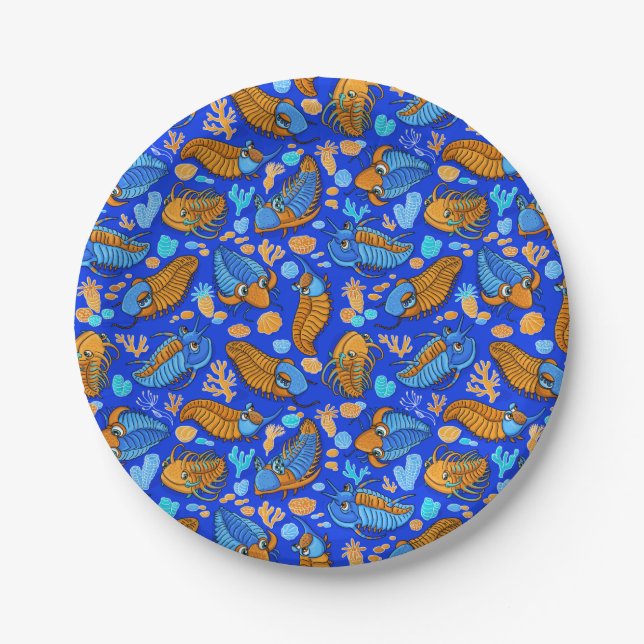 Trilobites on dark blue background (kids pattern) paper plate (Front)