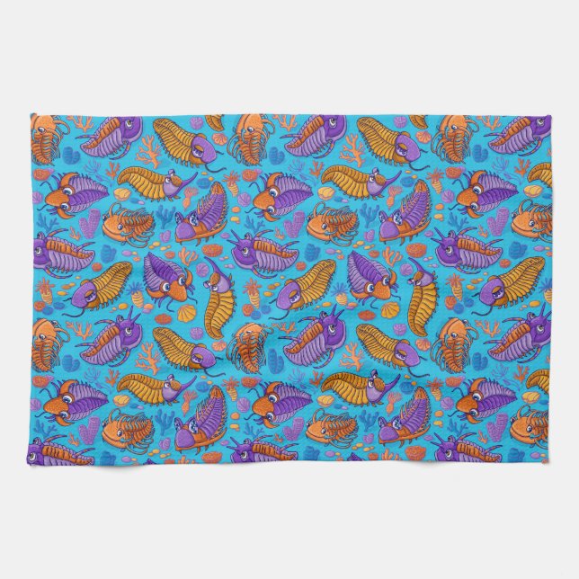 Trilobites on light blue background (kids pattern) kitchen towel (Horizontal)