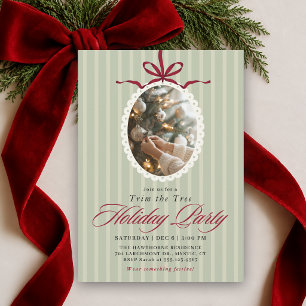 Trim the Tree Christmas Party Sage Stripes Red Bow Invitation
