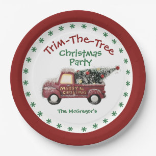 Trim The Tree Christmas Party With Name Paper Plate