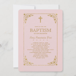 Trimmed in Gold Pink Religious Invitation