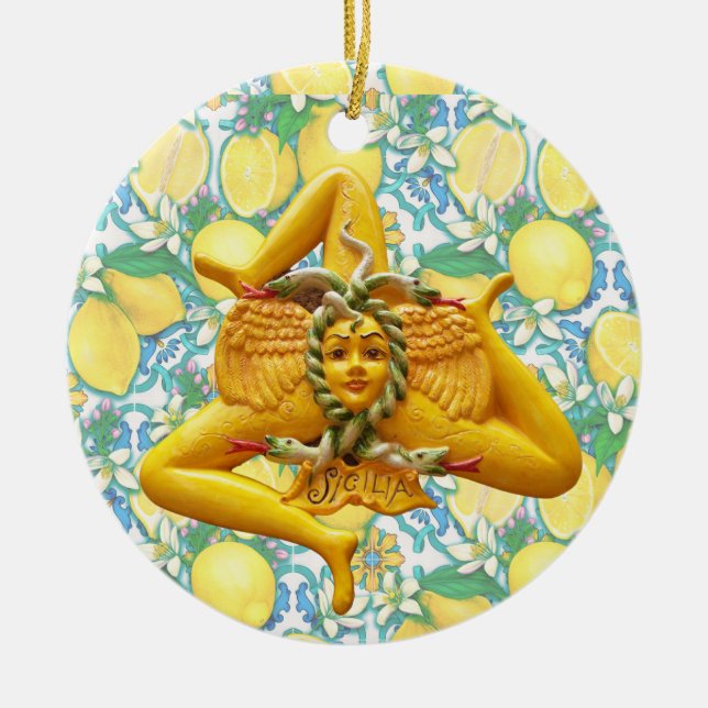 Trinacria Sicily Sicilia Italy Pride Lemon Blue Ceramic Ornament (Front)
