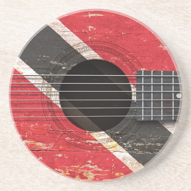 Trinidad and Tobago Flag on Old Acoustic Guitar Coaster (Front)