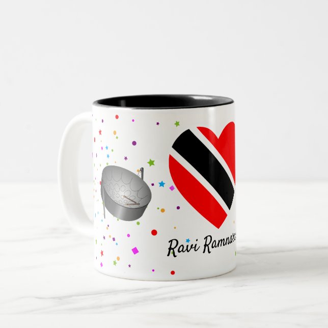 Trinidad and Tobago Flag & Steelpan (Your Name) Two-Tone Coffee Mug (Front Left)