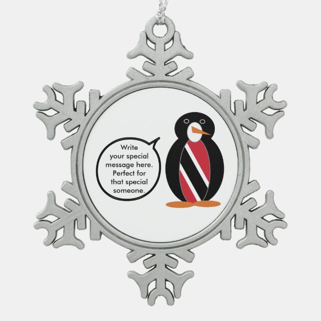 Trinidad and Tobago Flag Talking Ms. Penguin Snowflake Pewter Christmas Ornament (Front)