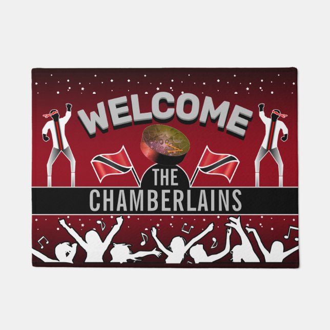 Trinidad Flag with Party People and Family Name Doormat (Front)