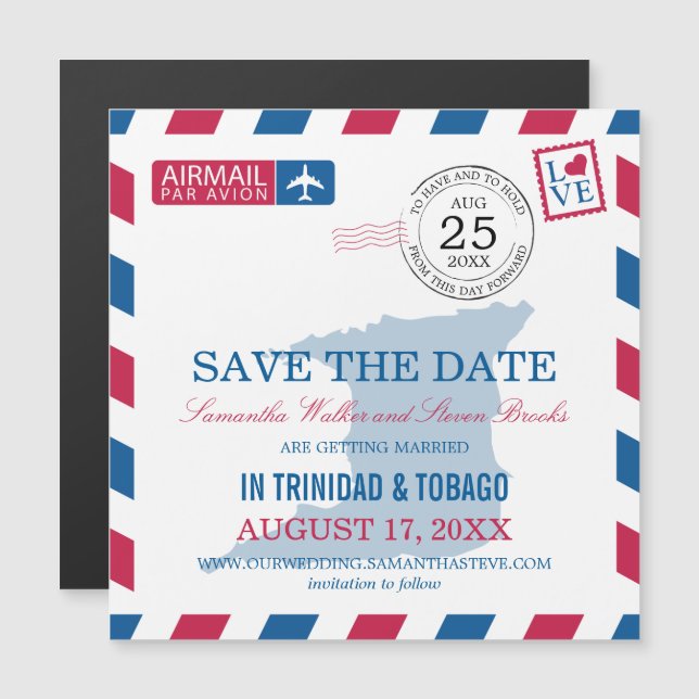 Trinidad Tobago Airmail Save the Date Magnetic Invitation (Front/Back)