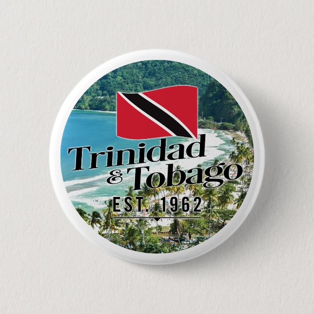 "Trinidad & Tobago Est. 1962" Beach With Flag 2 Inch Round Button (Front)