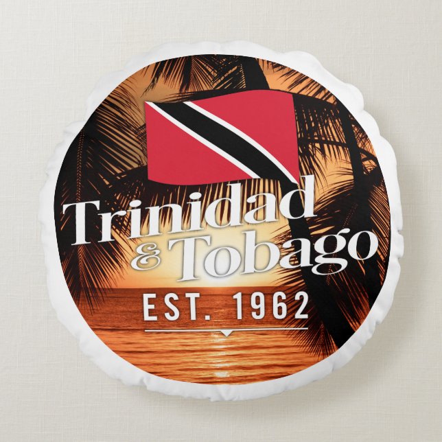 "Trinidad & Tobago Est. 1962" Sunset With Flag Round Pillow (Front)