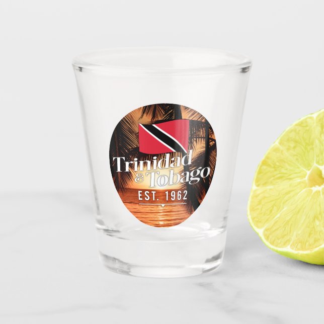 "Trinidad & Tobago Est. 1962" Sunset With Flag Shot Glass (Front)