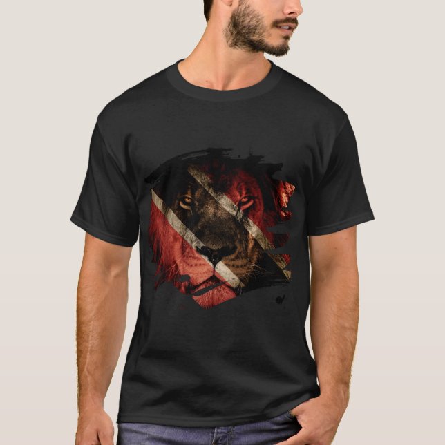 Trinidad & Tobago Flag & African Lion Picture T-Shirt (Front)