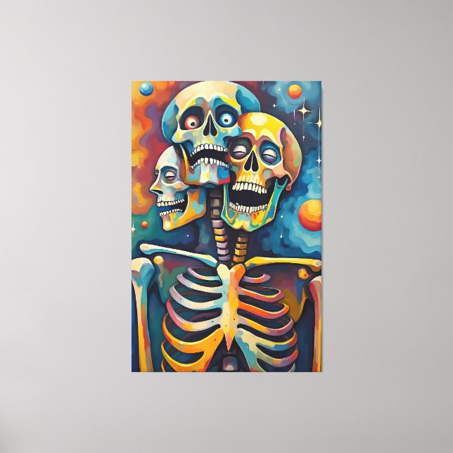 Trinity of Mortality – Abstract 3-Headed Skeleton Canvas Print (Front)