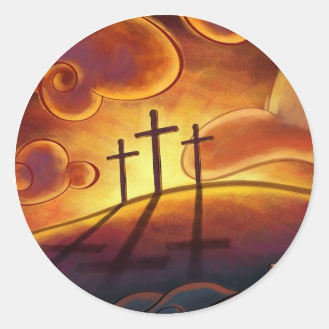 Trinity - Triple Cross on Hill Sunset Stickers (Front)