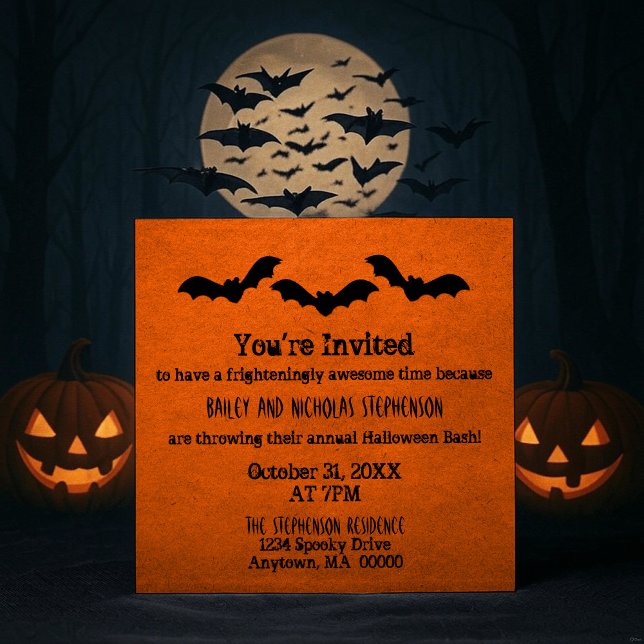 Trio de chauves-souris Invitation de la fête d'Hal (Orange Trio of Bats Halloween Party Invitation)