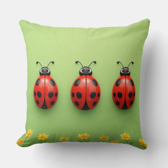 🐞 Trio Ladybug Character Scene Cozy Home Decor Throw Pillow (Front)