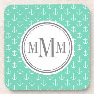 Trio Monogram Mint White Anchor Pattern Coaster