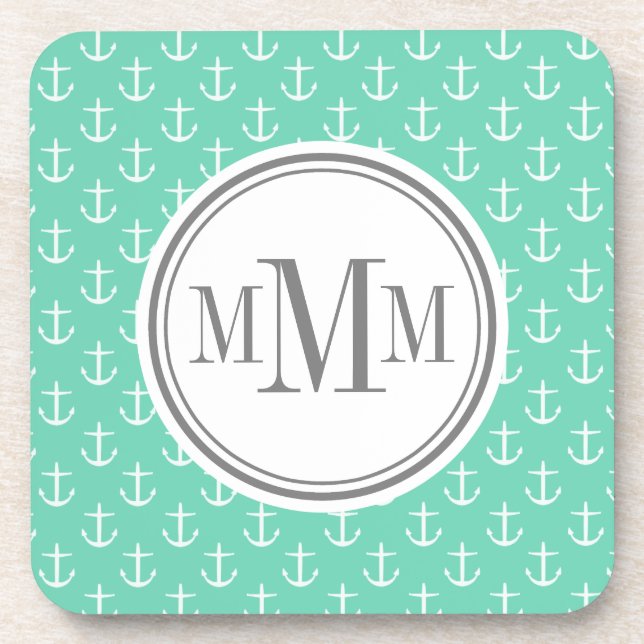 Trio Monogram Mint White Anchor Pattern Coaster (Front)