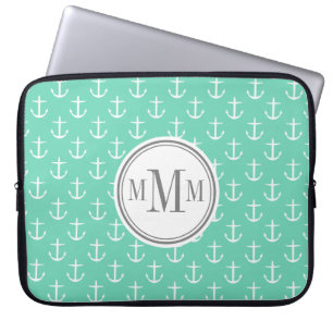 Trio Monogram Mint White Anchor Pattern Laptop Sleeve