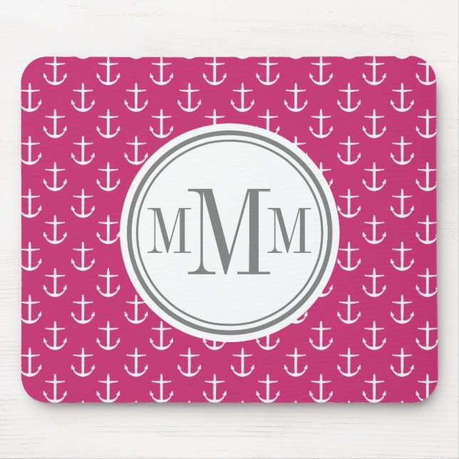 Trio Monogram Pink White Anchor Pattern Mouse Pad (Front)