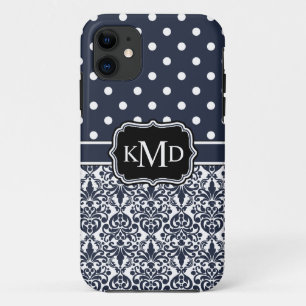 Trio Monogrammed Navy Damask iPhone 11 Case