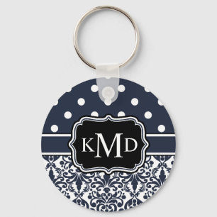 Trio Monogrammed Navy Damask Keychain