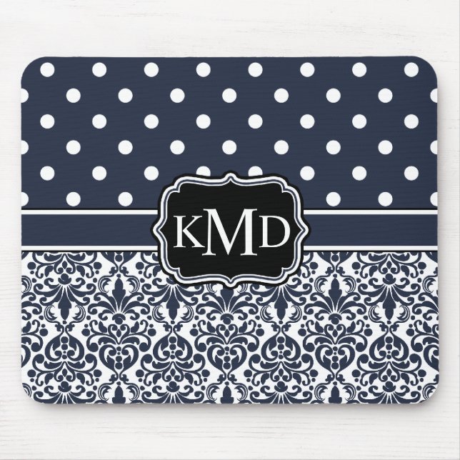 Trio Monogrammed Navy Damask Mouse Pad (Front)