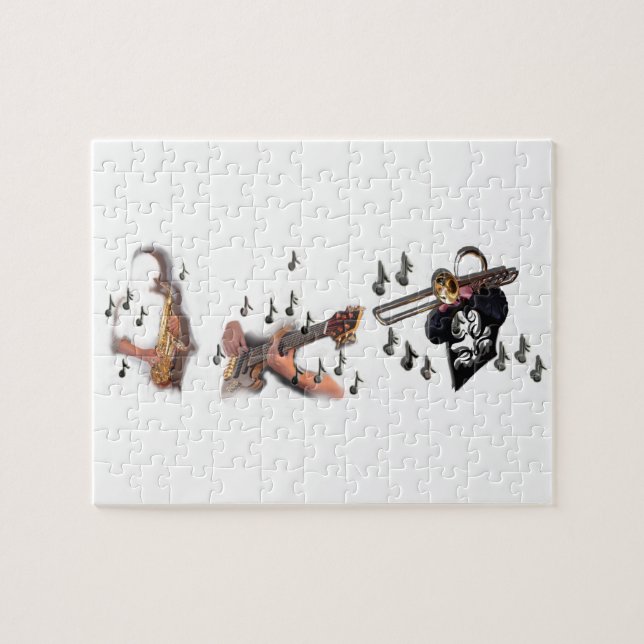 Trio, musicians , abstract guitar, trombone, sax, jigsaw puzzle (Horizontal)