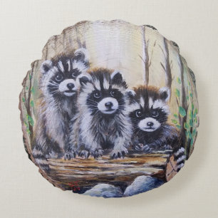 Trio of baby raccoons throw pillow