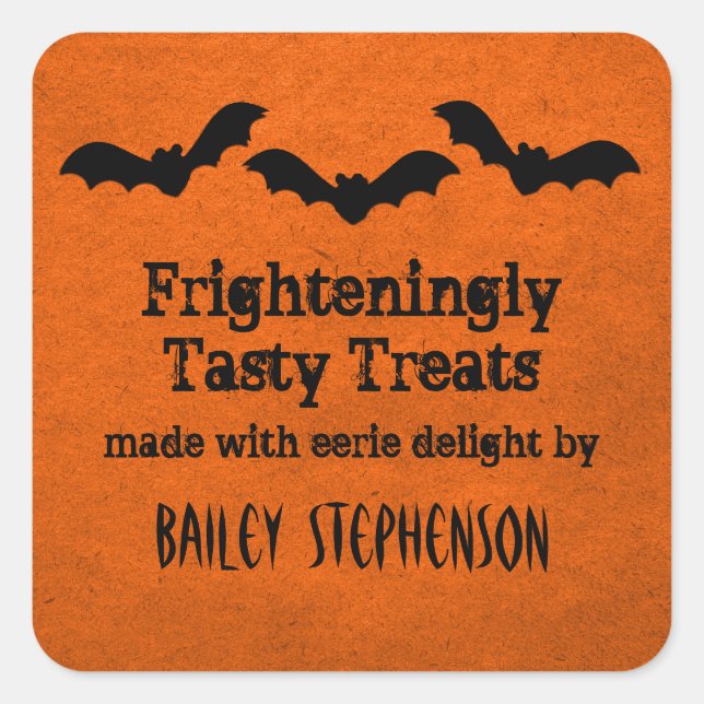 Trio of Bats Halloween Baking Stickers, Orange Square Sticker (Front)