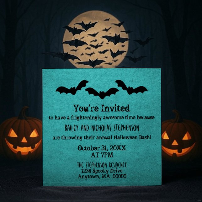 Trio of Bats Halloween Party | Teal Invitation (Teal Trio of Bats Halloween Party Invitation)