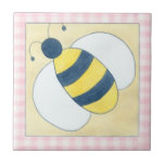 Trio of Bees with Flowers Tile<br><div class="desc">A trio of bees work to pollinate beautiful flowers in this awesome work by Megan Meagher. This panelled print has a tablecloth style pink chequered border. Get yours today!</div>