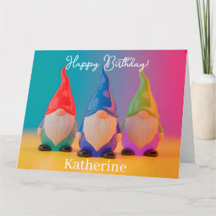 Trio of Glossy Ceramic Gnome Figurines with Name Card