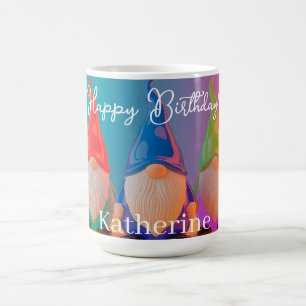 Trio of Glossy Ceramic Gnome Figurines with Name Coffee Mug