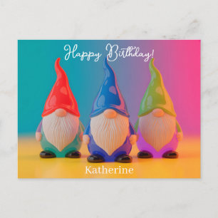 Trio of Glossy Ceramic Gnome Figurines with Name Postcard