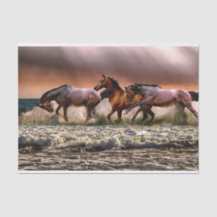 Trio of Horses Running in Surf at Sunset Tissue Paper
