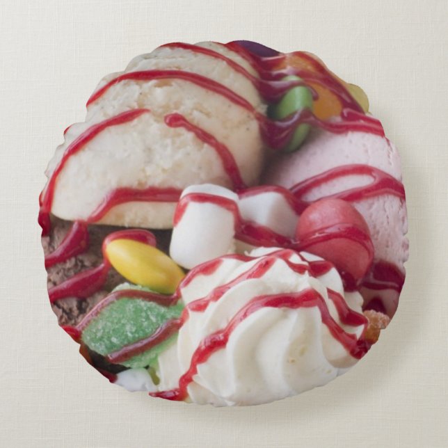 Trio of Ice Cream and Sweet Sundae Round Pillow (Front)